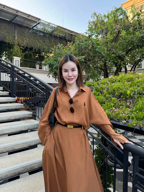 Women Collar Down Casual Shirts With Skirts and Belt Sets